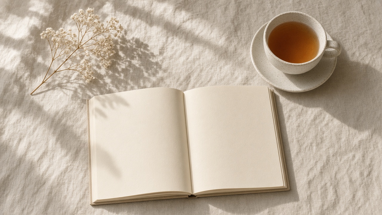 An open journal and a cup of tea on linen.